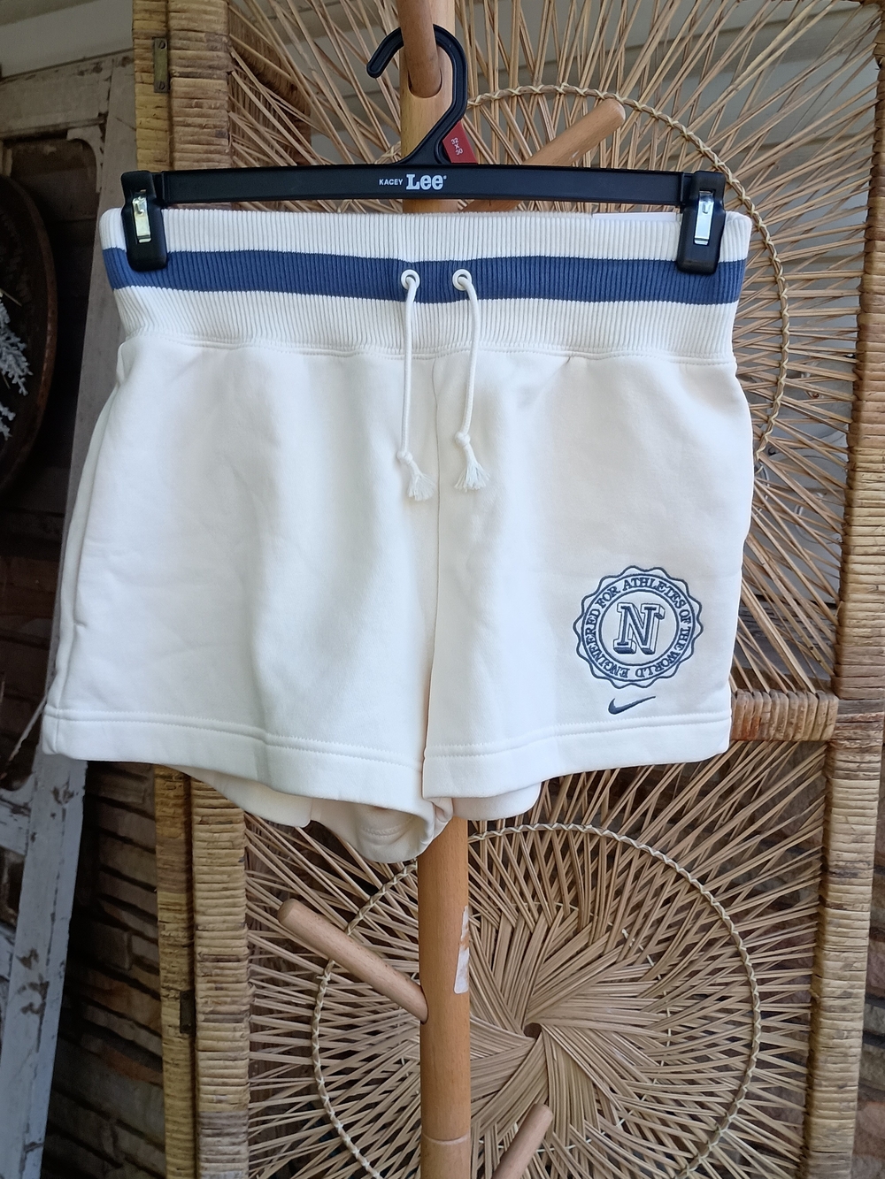 NWT Nike Women's Cream Athletic Drawstring Shorts with Blue Trim_S